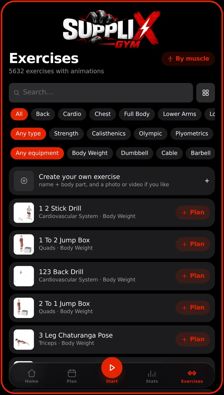 Exercises screen: search, filters by muscle and equipment, and a list of animated exercises