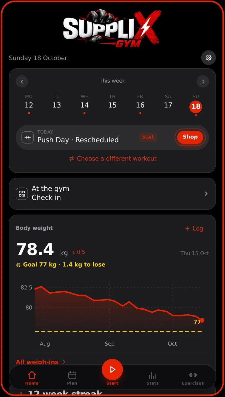 SUPPLI-X GYM home screen: this week, today's Push Day, gym check-in and body weight trend