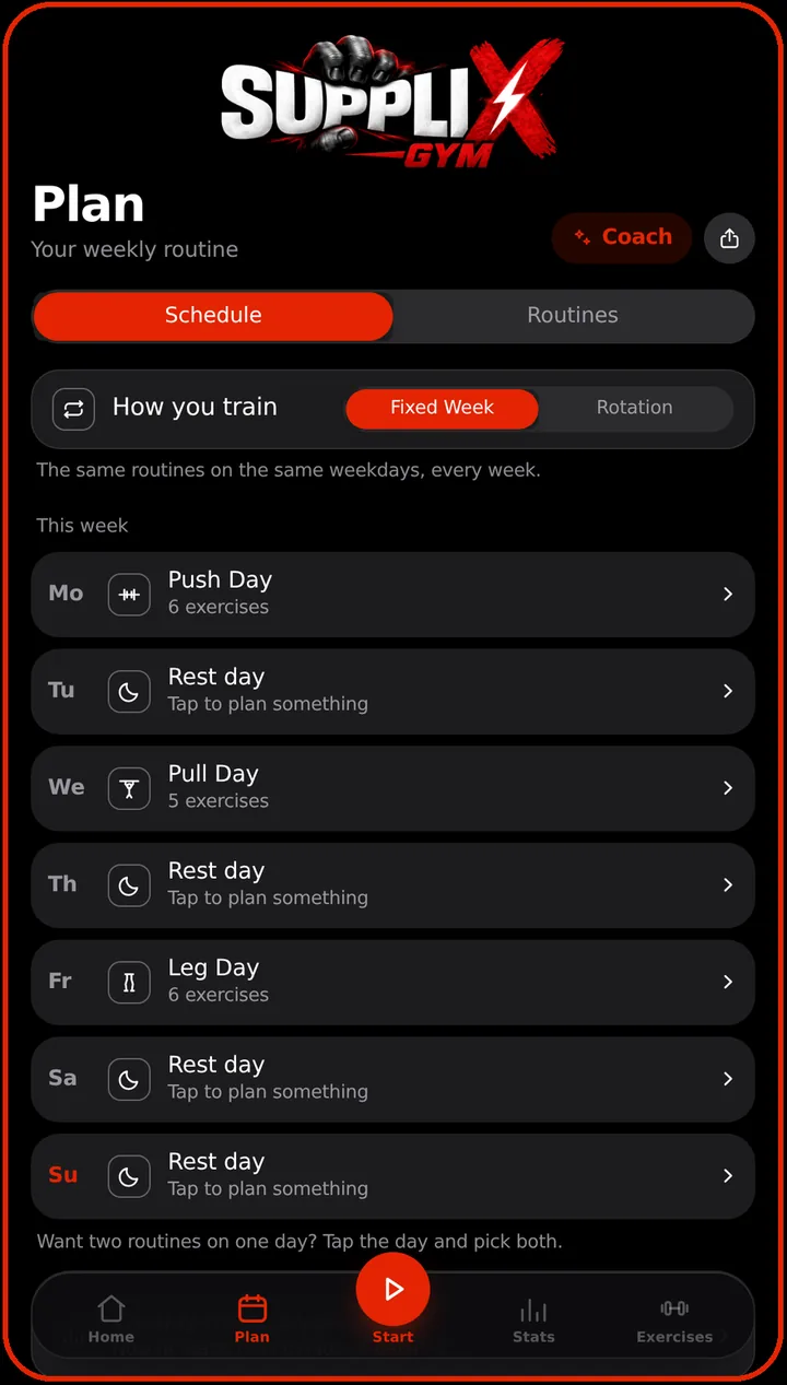 Plan screen: weekly routine with Push, Pull and Leg days and a Coach button