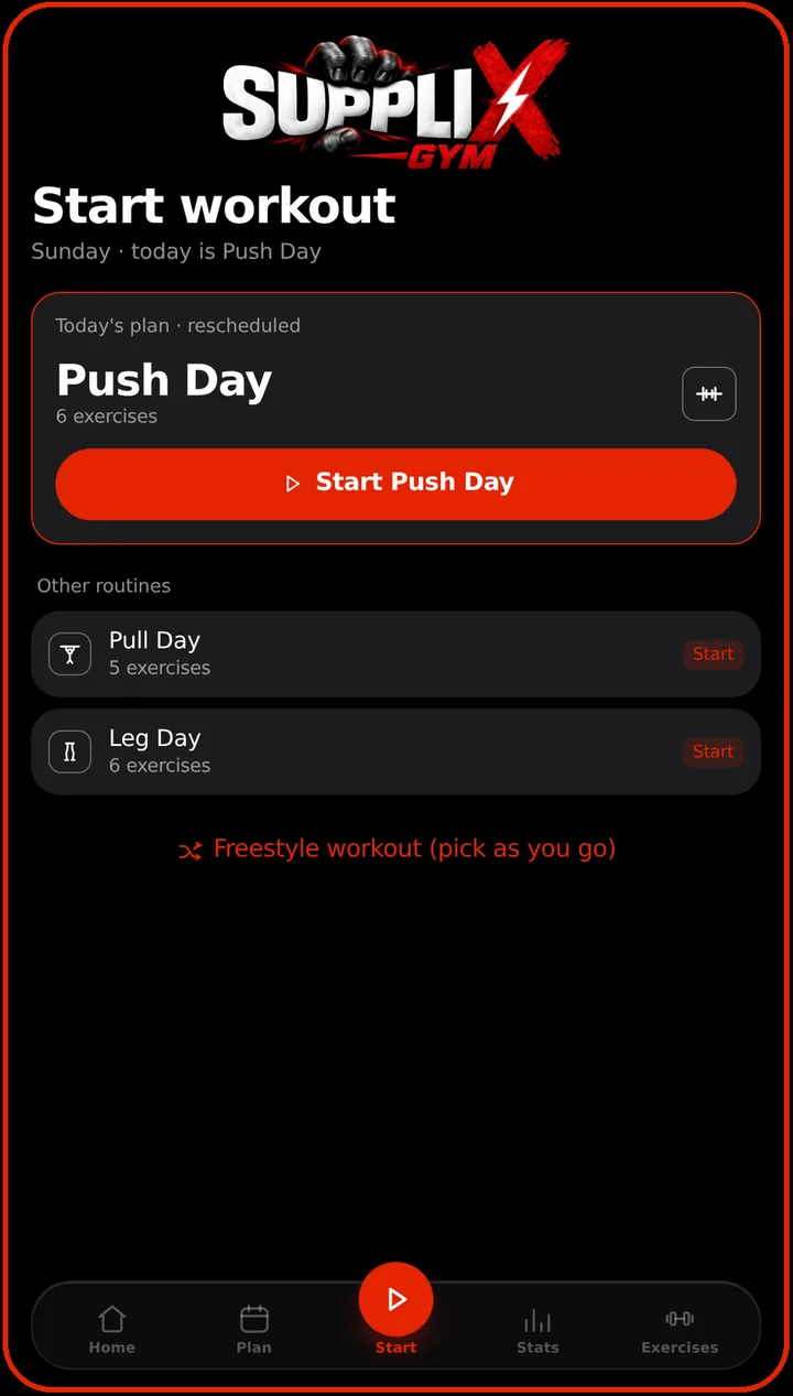 Start workout screen: today's Push Day with a single start button and other routines below