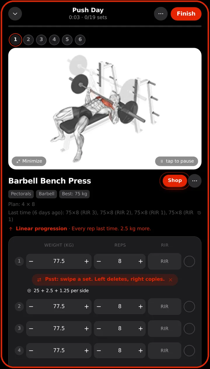 Workout screen: Barbell Bench Press with weight, reps and RIR inputs for four sets